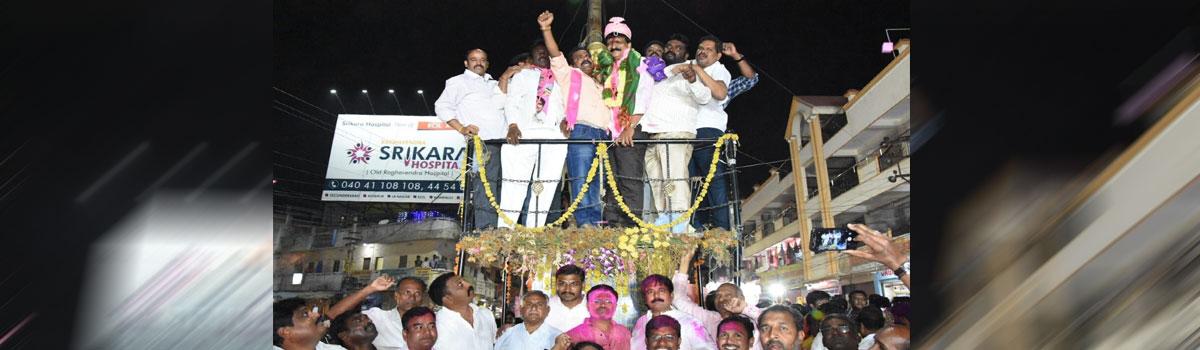 Victory rally held for Mynampally Hanumantha Rao in Malkajgiri