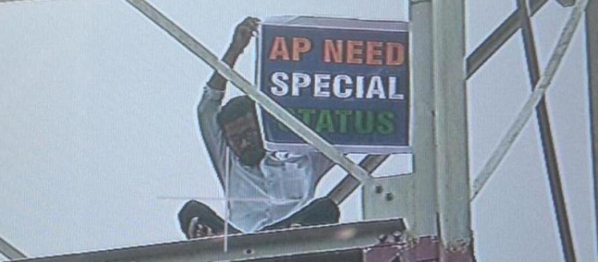 Man climbs tower near Delhi Metro Bhawan demands special status for Andhra Pradesh