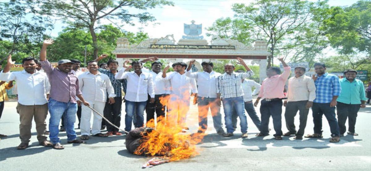 Sri Krishnadevaraya University students burn Minister’s effigy