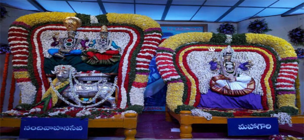 Goddess Bhramaramba appears in Mahagowri Alankaram