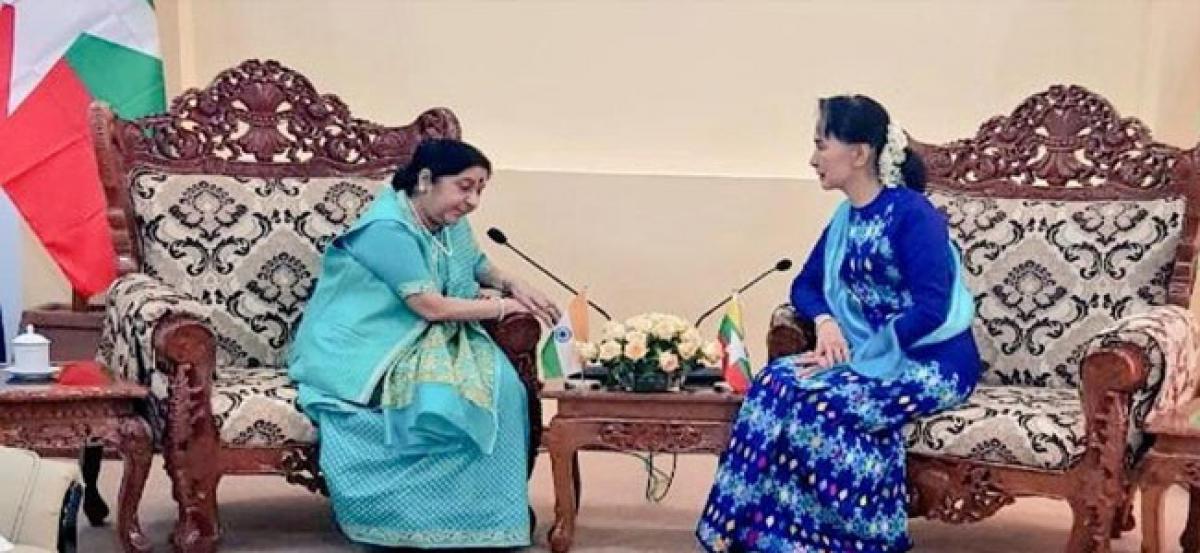 Sushma Swaraj meets Myanmar’s State Counsellor Suu Kyi, discusses bilateral ties