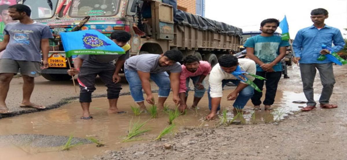 Telangana Jana Samithi takes sowing on road in protest against potholes at Dundigal